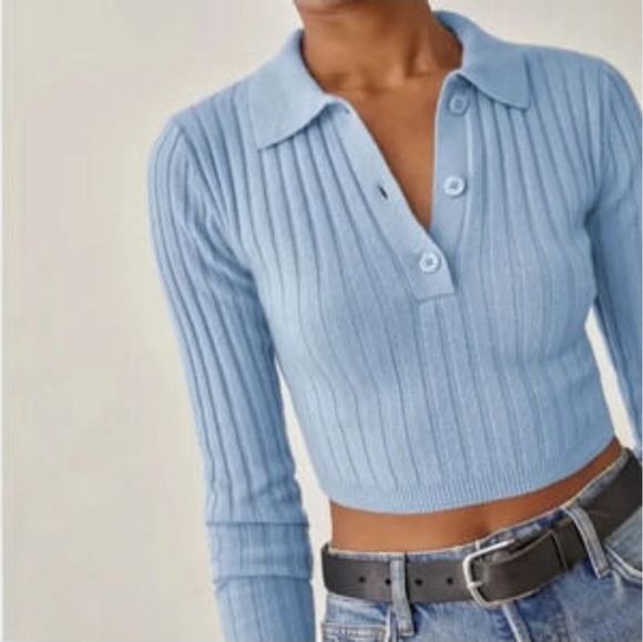 Reformation Sweaters - REFORMATION Clancey Cropped Recycled Cashmere Blue Knit Polo Top Small